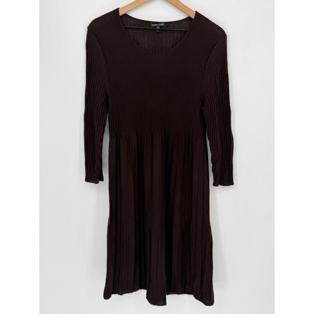 Eileen Fisher Dress Womens Size L Brown Wool Ribbed Knit Fit & Flare Long Sleeve